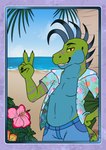 aloha_shirt anthro beach clothed clothing floral_pattern flower gesture hand_gesture hibiscus male open_clothing open_shirt open_topwear palm_tree pattern_clothing pattern_shirt pattern_topwear plant sea seaside shirt solo swimming_trunks swimwear topwear tree tropical v_sign water arwenscoots conditional_dnp dimetrodon pelycosaur prehistoric_species sphenacodontid synapsid hi_res