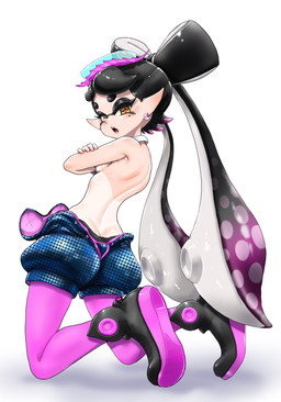 breasts clothed clothing covering covering_breasts ear_piercing ear_ring female humanoid_pointy_ears kneeling looking_at_viewer not_furry piercing pointy_ears pseudo_hair pupils rear_view ring_piercing simple_background solo suntan tan_line tentacle_hair tentacles topless unusual_pupils white_background koharuno2 nintendo splatoon callie_(splatoon) aquatic cephalopod humanoid inkling mollusk hi_res