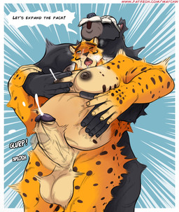 anal anal_orgasm anal_penetration anthro areola balls belly big_muscles big_pecs blush bodily_fluids cum cum_inflation cum_inside cum_while_penetrated dialogue duo ejaculation erection facial_hair from_behind_position fur genital_fluids genitals hand_on_belly hands-free humanoid_genitalia inflation lactating lactating_during_sex male male/male male_lactation male_penetrated male_penetrating male_penetrating_male markings muscular muscular_anthro muscular_male mustache nipples nude one_eye_closed open_mouth orgasm orgasm_face overweight overweight_anthro overweight_male pec_grab pecs penetration penile penile_penetration penis saliva saliva_string sex speech_bubble spots spotted_body standing standing_sex text tongue tongue_out maychin emilio_(maychin) paul_(maychin) cheetah dasyurid dasyuromorph felid feline mammal marsupial tasmanian_devil absurd_res digital_media_(artwork) english_text hi_res url