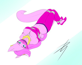 anthro arms_tied athletic athletic_anthro athletic_female bdsm big_breasts blue_eyes bondage bottomwear bound breasts cleave_gag clothed clothed_anthro clothed_female clothing collar curvy_figure ear_piercing ear_ring eyebrows eyelashes face_veil female footwear fully_bound fur gag gagged hair hands_behind_back hourglass_figure jewelry legs_tied looking_at_viewer lying muffled navel on_back open_mouth open_mouth_gag piercing pink_body pink_eyebrows pink_fur pink_hair pink_nose pink_tail restrained restraints ring_piercing rope rope_bondage rope_harness shoes simple_background solo submissive submissive_anthro submissive_female tail teeth topwear deviantstyle princess_layla_(bahamut-follower) felid feline mammal 5:4