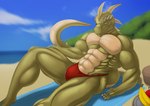 anthro apple banana basket beach bikini_thong bulge clothing container food fruit green_body green_scales looking_at_viewer male plant scales sitting smile solo swimwear tail ben300 reptile_cynrik_(character) reptile scalie digital_media_(artwork)