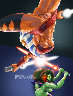 breasts clothed clothing duo fanart_friday female fight genitals green_body holding_lightsaber lightsaber melee_weapon no_underwear not_furry orange_body pin-up_poster pose red_lightsaber under_boob upside_down upskirt upskirt_view vulva weapon white_lightsaber doctor_awesome guardians_of_the_galaxy marvel star_wars ahsoka_tano gamorra alien humanoid togruta absurd_res crossover hi_res pinup