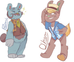 3_toes 4_fingers anthro barefoot big_hands biped blue_body blue_clothing blue_fur blush bottomless brown_body brown_clothing brown_eyes brown_fur brown_nose brown_tail chest_tuft clothed clothing duo eyes_closed facial_hair featureless_crotch feet fingers front_view fur green_nose grey_body grey_fur hair hat headgear headwear holding_clothing holding_hat holding_headgear holding_headwear holding_object jacket leaning leaning_forward looking_away male mature_anthro mature_male multicolored_body multicolored_fur mustache necktie nervous orange_hair orange_tail overweight overweight_male plaid raised_arm shirt short_hair short_tail sideburns simple_background slightly_chubby smile smirk smug sparkles standing sweater sweater_vest tail text toes toony topwear tuft undershirt vest white_background white_clothing mayadile animal_crossing nintendo beardo_(animal_crossing) o'hare_(animal_crossing) bear lagomorph leporid mammal rabbit 2015 character_name digital_drawing_(artwork) digital_media_(artwork) english_text full-length_portrait portrait