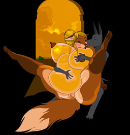 anthro balloon belly big_belly big_breasts blush bodily_fluids breast_grab breasts cum duo female genital_fluids hand_on_breast inflatable inflation male male/female thatwasunfortunate animate_inanimate canid canine canis fox jackal living_balloon living_inflatable mammal hi_res