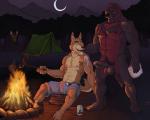 4_toes 5_fingers abs anthro armpit_hair athletic balls barefoot being_watched belt biceps black_body black_fur black_nipples black_sclera blue_eyes body_hair bottomwear brown_body brown_fur bulge campfire camping claws clothed clothing cooking detailed_background duo erection erection_under_clothing facial_hair fangs feet fingers fire food foreskin fur genitals grin humanoid_genitalia humanoid_penis looking_at_another looking_at_genitalia looking_at_penis male male/male moon multicolored_body multicolored_fur multicolored_penis muscular night nipples nude open_mouth outside partially_retracted_foreskin pecs penis plantigrade pubes red_body red_eyes red_fur shorts sitting smile standing teeth tent toe_claws toes topless vein badcoyote bear canid canine canis deer mammal moose new_world_deer wolf 2016 5:4 digital_media_(artwork)