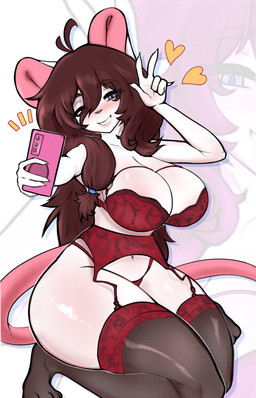 ahoge anthro big_breasts black_hair blue_eyes bra breasts cellphone cleavage clothed clothing electronics eyebrow_through_hair eyebrows eyelashes female garter_belt garter_straps gesture hair half-closed_eyes hand_gesture heart_symbol holding_cellphone holding_object holding_phone kneeling legwear long_hair long_tail looking_at_viewer narrowed_eyes panties phone red_bra red_clothing red_panties red_underwear smile solo stockings tail thick_thighs thigh_highs translucent translucent_hair underwear v_sign wide_hips mrgolla mammal mouse murid murine rodent 2026 hi_res