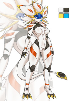 anthro blue_sclera breasts cosmic_fur featureless_breasts featureless_crotch female golden_markings hair looking_at_viewer machine markings navel pokemorph small_waist solo star white_body white_eyes white_hair wide_hips hestid nintendo pokemon generation_7_pokemon legendary_pokemon pokemon_(species) robot solgaleo absurd_res hi_res
