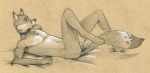 anthro balls biped collar genitals looking_away lying male nude open_mouth simple_background solo tush_(artist) gree_alvord canid canine fox mammal monochrome sketch