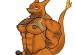 anthro big_pecs body_hair charizard chest_hair clothing digital_media_(artwork) empty_eyes facial_hair fire flaming_tail generation_1_pokemon hairy hi_res hypnosis male mind_control muscular muscular_anthro muscular_male muscular_sub nintendo nipples open_mouth orange_body pecs pokemon pokemon_(species) pubes simple_background solo submissive submissive_male tail tiburalgo tongue tongue_out white_background