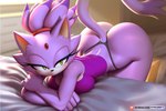 anthro bed bedroom black_nose butt clothed clothing eyelashes female fingers forehead_gem furniture gem hair inside on_bed purple_body purple_hair solo tail text yellow_eyes pak009 sega sonic_the_hedgehog_(series) blaze_the_cat domestic_cat felid feline felis mammal 2024 digital_media_(artwork) url