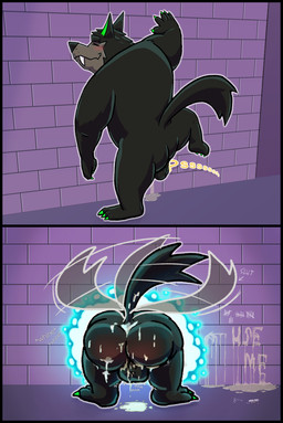 after_anal after_sex anthro ass_up balls bodily_fluids butt butt_focus cum cum_in_ass cum_inside genital_fluids genitals male marking_territory peeing public public_use solo through_wall urine watersports asdf16 danny_phantom nickelodeon wulf_(danny_phantom) canid canine canis ghost mammal spirit werecreature wolf hi_res