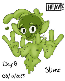 3_fingers antennae_(anatomy) big_breasts breasts eyelashes featureless_breasts female fingers front_view gesture green_body green_eyes hand_gesture heart_symbol humanoid_pointy_ears navel pointy_ears simple_background smile solo text v_sign white_background h-fav gobtober goblin goo_creature goo_humanoid humanoid hybrid 2025 4:5 absurd_res hi_res