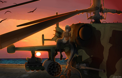 aircraft clothing female helicopter ka-50 ka-50_black_shark maid_uniform military_vehicle shark_tail sitting solo sunset uniform vehicle lexel732 mihoyo zenless_zone_zero ellen_joe avian bird gull human lari larid mammal absurd_res hi_res