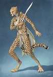 anthro armband bottomwear cape cheetah claws clothed clothing conditional_dnp digitigrade felid feline fur hi_res hindpaw jewelry kopis loincloth male mammal markings melee_weapon necklace orange_eyes paws solo spots spotted_body spotted_fur sword titusw topless tribal tribal_clothing weapon