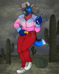 anthro blue_body blue_fur clothing cowboy cowboy_hat fur hat headgear headwear male solo western thehuntingwolf back_to_the_future nike marty_mcfly thatbluedog canid canine canis domestic_dog mammal hi_res