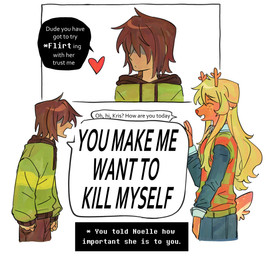 anthro blonde_hair brown_hair clothing duo female freckled_face freckles green_clothing green_shirt green_topwear hair male shirt simple_background speech_bubble suicidal_ideation text topwear white_background goomyloid deltarune undertale_(series) kris_dreemurr noelle_holiday deer human mammal new_world_deer reindeer soul_(undertale) 2026 english_text hi_res nonbinary_(lore)