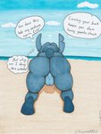 anthro balls beach big_butt blue_body blue_fur blue_hair butt clothing cloud day dialogue footwear fur genitals hair long_ears male notched_ear sand sandals sea seaside shoes sky small_tail solo speech_bubble tail thick_thighs thought_bubble water lovemet123_(lovemet_room) disney lilo_and_stitch stitch_(lilo_and_stitch) alien ambient_bird experiment_(lilo_and_stitch) 2023 absurd_res hi_res traditional_media_(artwork)