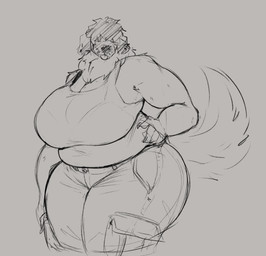 anthro big_breasts bottomwear breasts clothed clothing ear_piercing ear_stud female female_anthro floppy_ears front_view hair huge_breasts messy_hair mouth_closed obscured_eyes overweight overweight_anthro overweight_female pants piercing simple_background solo standing tail tongue tongue_out topwear wide_hips jezzlen mollie_(jezzlen) canid canine canis domestic_dog mammal hi_res monochrome portrait sketch three-quarter_portrait