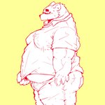 anthro belly bodily_fluids bottomwear butt clothing eyewear glasses humanoid_hands kemono male overweight overweight_male pants shirt simple_background solo sweat topwear yellow_background dumdum bear mammal 1:1 2021 hi_res