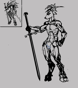 animal_genitalia anthro balls genitals horn male melee_weapon muscular muscular_male sheath solo standing sword weapon molb_(artist) deer mammal absurd_res hi_res sketch