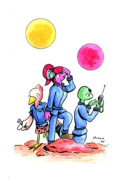 alien_planet anthro apode bottomless clothed clothing exploring female green_body group hair hand_over_eye holding_object legless looking_offscreen male pink_body ponytail red_hair rock serpentine space sun tools trio uniform wrench phano alien avian draconcopode felid feline mammal naga hi_res