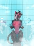 against_surface anthro areola bathing bedroom_eyes black_body black_fur black_highlights breasts cheek_tuft curved_horn ear_piercing facial_tuft fangs female fur gauged_ear genitals hair half-closed_eyes highlights_(coloring) horn humanoid_genitalia humanoid_pussy inviting narrowed_eyes nipples nude on_glass piercing pussy red_areola red_body red_fur red_nipples seductive shower showering smile smirk smug smug_face smug_grin solo teeth tuft white_body white_fur white_hair riru-ku shi_(oolongmatchatea) demon domestic_cat felid feline felis mammal hi_res