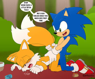 2_tails all_fours anal anthro basket bedding blanket blush bodily_fluids chili_dog clothing container crying dialogue duo fluffy fluffy_tail food footwear forced hot_dog kneeling male male/male multi_tail outside picnic picnic_basket profanity rape sex shoes tail tail_grab tears text toony inprogress sega sonic_the_hedgehog_(series) miles_prower sonic_the_hedgehog canid canine eulipotyphlan fox hedgehog mammal 6:5 absurd_res english_text hi_res
