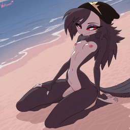 5_fingers anthro beak beak_closed beanie black_body black_feathers breasts clothing eyebrows feathers feet female fingers genitals hair hat headgear headwear humanoid_feet humanoid_genitalia humanoid_vulva kneeling long_hair looking_at_viewer mouth_closed navel nipples non-mammal_breasts non-mammal_navel non-mammal_nipples pink_nipples pink_sclera plantigrade small_breasts small_waist solo tail tail_feathers vulva white_body white_eyes white_face wettowel hellaverse helluva_boss octavia_(helluva_boss) avian bird owl owl_demon 1:1 hi_res