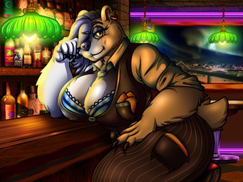 accessory age_difference alcohol alcohol_bottle amber_eyes anthro arm_support bar_stool bartender bedroom_eyes beverage beverage_bottle big_breasts blue_hair blue_necktie bottle bra breasts ceiling_lamp claws cleavage clothed clothing cocktail collar collared_shirt container countertop cup dress_shirt drinking_glass ear_piercing eye_scar eyebrows facial_scar female furniture glass glass_container glass_cup hair hand_on_head hand_on_leg hand_on_thigh hankerchief lace_bra lamp leaning_on_elbow light_bars light_blue_eyeshadow long_hair looking_at_viewer moody_lighting narrowed_eyes necktie neon_lights older_female open_blouse open_clothing open_topwear painting_(object) pattern_carpet piercing pinstripe_pants raised_eyebrow rim_lighting rolled_up_sleeves round_ears scar seductive shelf shirt shirt_pocket shot_glass side_swept_bangs solo stone_wall stool strong_female table tail thick_thighs topwear underwear wall_(structure) whiskey white_collar wood wood_furniture spdy4 aperol hennessy jack_daniel's sega sonic_the_hedgehog_(series) sonic_the_hedgehog tasha_(spdy4) tasha_ivanova_volkov bear mammal polar_bear ursine 2023 4:3 digital_media_(artwork) hi_res shaded