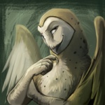 ambiguous_gender anthro beak claws feathered_wings feathers looking_at_viewer simple_background solo spots wings pechschwinge pasc avian barn_owl bird owl tyto tytonid 1:1 low_res