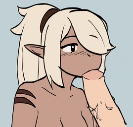 bangs blue_background blush bodily_fluids breasts brown_body brown_skin duo fellatio female female_penetrated genitals hair hair_over_eye human_on_humanoid humanoid_pointy_ears interspecies male male/female male_penetrating male_penetrating_female not_furry nude one_eye_obstructed oral oral_penetration penetration penile penis pointed_tail pointy_ears saliva sex simple_background tan_hair white_penis rawsins elf human humanoid mammal 2018 2d_animation animated frame_by_frame