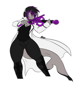 anthro black_hair bow_(stringed_instrument) bowed_string_instrument breasts butt cleavage clothed clothing female freckles grey_body grey_skin hair holding_object multicolored_hair musical_instrument non-mammal_breasts playing_music playing_violin purple_eyes purple_hair short_hair smile solo string_instrument tail teeth thick_tail thick_thighs tight_clothing violin avante92 aquatic fish shark 5:6 hi_res