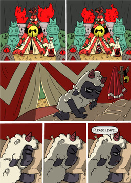 anthro bell clothed clothing collar comic_panel dialogue fur horn male nude solo text wool_(fur) krekel cult_of_the_lamb massive_monster_(studio) lamb_(cult_of_the_lamb) red_crown_(cult_of_the_lamb) bovid caprine mammal sheep absurd_res comic digital_media_(artwork) english_text hi_res