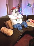 anthro black_body black_nose bottomwear christmas_clothing christmas_headwear clothing eyewear glasses hat headgear headwear holidays male overweight overweight_male pants real santa_hat shirt sitting solo topwear white_body charlieartsy christmas bear giant_panda mammal 2022 3:4 hi_res