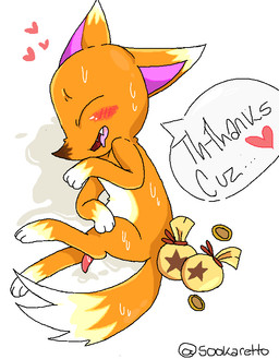after_sex anthro apron blush bodily_fluids chibi clothing cum cum_on_ground dialogue erection fur genital_fluids genitals heart_symbol male orange_body orange_fur penis pupils slit_pupils solo sweat text sookaretto animal_crossing nintendo crazy_redd canid canine fox mammal english_text