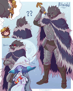 4_arms anthro armor blue_eyes blue_hair bodily_fluids clenched_teeth clothed clothing daydream doll female hair heart_symbol holding_object male melee_weapon multi_arm multi_limb question_mark red_eyes saliva sword teeth weapon jasminthemanticore elden_ring fromsoftware blaidd_(elden_ring) ranni_the_witch animate_inanimate canid canine canis human living_doll mammal wolf 2024 absurd_res digital_media_(artwork) hi_res