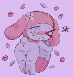 alternative_fashion anthro anus blush butt butt_focus chibi drugs female genitals hood j-fashion looking_at_viewer menhera one_eye_closed pills purple_background semi-anthro shortstack simple_background solo spiral spiral_eyes tiptoes vulva white_body flucosse onegai_my_melody sanrio my_melody lagomorph leporid mammal rabbit hi_res pink_theme