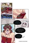 blue_eyes book brown_eyes clothing dialogue eyewear female glasses male text window bastriw fernando_(bastriw) canid canine canis domestic_dog mammal comic hi_res