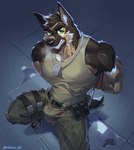 anthro arms_tied bound bulge clothing dog_tags green_eyes male military_uniform nipples pink_nipples solo uniform yibian_sz canid canine canis domestic_dog german_shepherd herding_dog mammal pastoral_dog 2023 hi_res