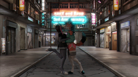 anniversary anthro clothed clothing duo female femboy holding_close horn hug kissing male outside wings sanythefox rose_(rosethegoat) sany_van_fox bovid caprine goat lagomorph mammal wolpertinger 16:9 3d_(artwork) 4k absurd_res digital_media_(artwork) hi_res widescreen