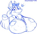 anthro big_breasts breasts clothed clothing copyright_symbol female hair headgear headwear heart_symbol huge_breasts nipple_outline solo symbol badgerben tammy_(badgerben) canid canine canis domestic_dog husky mammal nordic_sled_dog spitz 2005 blue_and_white monochrome sketch