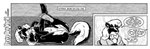 2021 angry anthro arms_around_legs barefoot black_body black_fur brave_new_world_(style_wager) breasts cherise_chevron chest_tuft comic dialogue english_text feet female fur genitals greyscale hair legs_up lying mammal mephitid monochrome national_skunk_day navel nude on_back presenting prestening pussy skunk solo style_wager text tuft white_hair