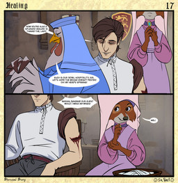 4_fingers anthro arm_wound biped blood blood_on_arm blood_stain bodily_fluids border brown_hair cheek_tuft clasped_hands claws clothed clothed_anthro clothed_female clothed_human clothed_male clothing countershade_face countershade_fur countershading dialogue eyebrows eyelashes eyes_closed facial_tuft feather_hands feathered_wings feathers female female_anthro finger_claws fingers fully_clothed fully_clothed_anthro fully_clothed_female fully_clothed_human fully_clothed_male fur group hair headdress inside insignia light_body light_skin looking_at_another male male_human nobleman on_model page_number shield shirt sitting snout speech_bubble standing stone_wall surgical_suture talking_to_another text title topwear trio tuft wall_(structure) wall_decoration white_clothing white_shirt white_topwear wimple winged_arms wings wound_on_arm wounded sir_paulus disney robin_hood_(disney) lady_kluck maid_marian pavel_(sir_paulus) avian bird canid canine canis chicken fox galliform human mammal phasianid artist_name comic english_text hi_res