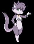 anthro bandage black_nose bracelet chest_wraps female fur green_eyes hair jewelry looking_at_viewer purple_body purple_fur smile solo standing teeth wraps earthb-kun lied domestic_cat felid feline felis mammal 2017 alpha_channel digital_media_(artwork)