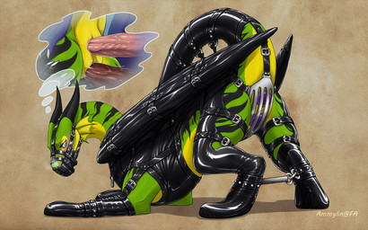anal anal_penetration bdsm bondage bondage_gear bound chastity_belt chastity_device clothing cuff_(restraint) dildo dildo_in_ass dildo_in_vagina dildo_insertion female female_feral feral gag gagged genitals gloves green_body green_scales handwear horn imagination latex latex_clothing latex_gloves latex_handwear latex_legwear legwear male male/female object_in_ass penetration penile penile_penetration penis penis_in_ass penis_in_vagina raised_tail restraints scales sex_toy sex_toy_in_ass sex_toy_in_vagina sex_toy_insertion snout solo spreader_bar tail tail_tied vaginal vaginal_penetration wingbinders wings ammylin mythology adhara dragon mythological_creature mythological_scalie scalie 16:10 widescreen