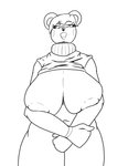 anthro big_breasts bottomless breasts clothed clothing eyelashes female looking_at_viewer navel nipples open_mouth simple_background solo white_background dnp101 animal_crossing nintendo soleil_(animal_crossing) bear mammal black_and_white hi_res monochrome sketch