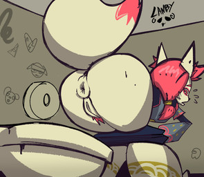 amogus anthro anus bathroom bent_over bottomwear bottomwear_down butt clothed clothing female genitals pants pants_down partially_clothed pooping pubes public_restroom puffy_anus restroom_stall solo toilet toilet_paper toilet_use vulva rammylamb ambient_among_us among_us epic_games fortnite innersloth kimiko_five-tails canid canine fox mammal true_fox hi_res