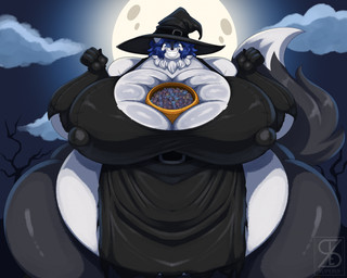 anthro between_breasts big_breasts black_body black_clothing black_dress black_fur black_gloves black_handwear black_hat black_headwear blue_eyes blue_hair breasts candy clothing cloud curvy_figure deep_skin dessert dress female food fur gloves hair handwear hat headgear headwear huge_breasts huge_hips huge_thighs hyper hyper_breasts hyper_hips hyper_thighs magic_user moon night nipple_outline outside pumpkin_basket short_hair sky solo standing thick_thighs voluptuous white_body white_fur wide_hips witch witch_hat superix mammal mephitid skunk hi_res