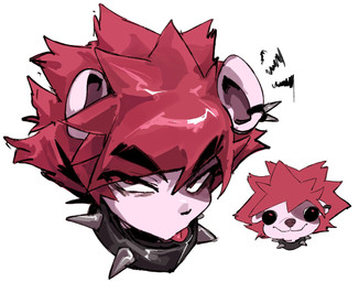 anthro blrp collar ear_piercing ear_ring eye_spots fur hair half-closed_eyes male multicolored_body multicolored_fur narrowed_eyes piercing purple_body purple_fur red_hair ring_piercing solo spiked_collar spikes tongue tongue_out two_tone_body two_tone_fur white_hair doppel rysoka bear giant_panda mammal headshot_portrait portrait
