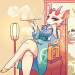 anthro arms_bent asian_clothing bent_legs clothed clothing crossed_legs east_asian_clothing female fur japanese_clothing kimono kiseru leg_over_edge over_edge print_clothing sitting smoking smoking_pipe solo star star_clothing star_polygon star_print nagifur animal_crossing nintendo shino_(animal_crossing) deer demon mammal 1:1 2021 absurd_res digital_media_(artwork) hi_res